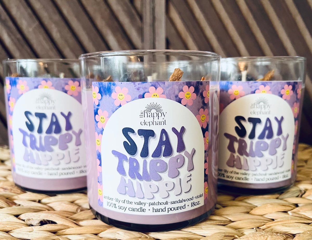 Stay Trippy Hippie Soy Candle (18 oz.) - The Happy Elephant